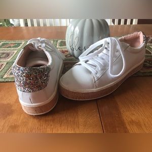 kate spade White Leather Sneakers with Multicolor Glitter Heel